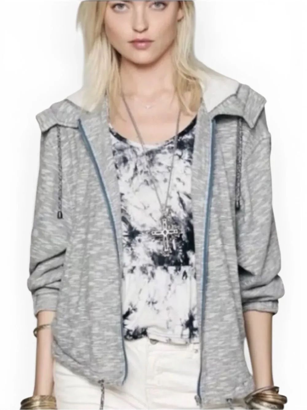 Free People Women Gray Hooded Zip Up Jacket Batwing Sleeve Boho Size M